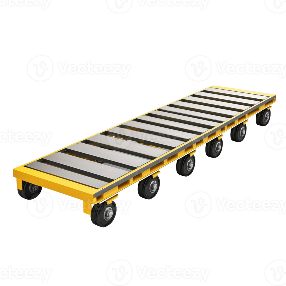 Long metal palette with a brown roller used for transporting materials in a workshop png