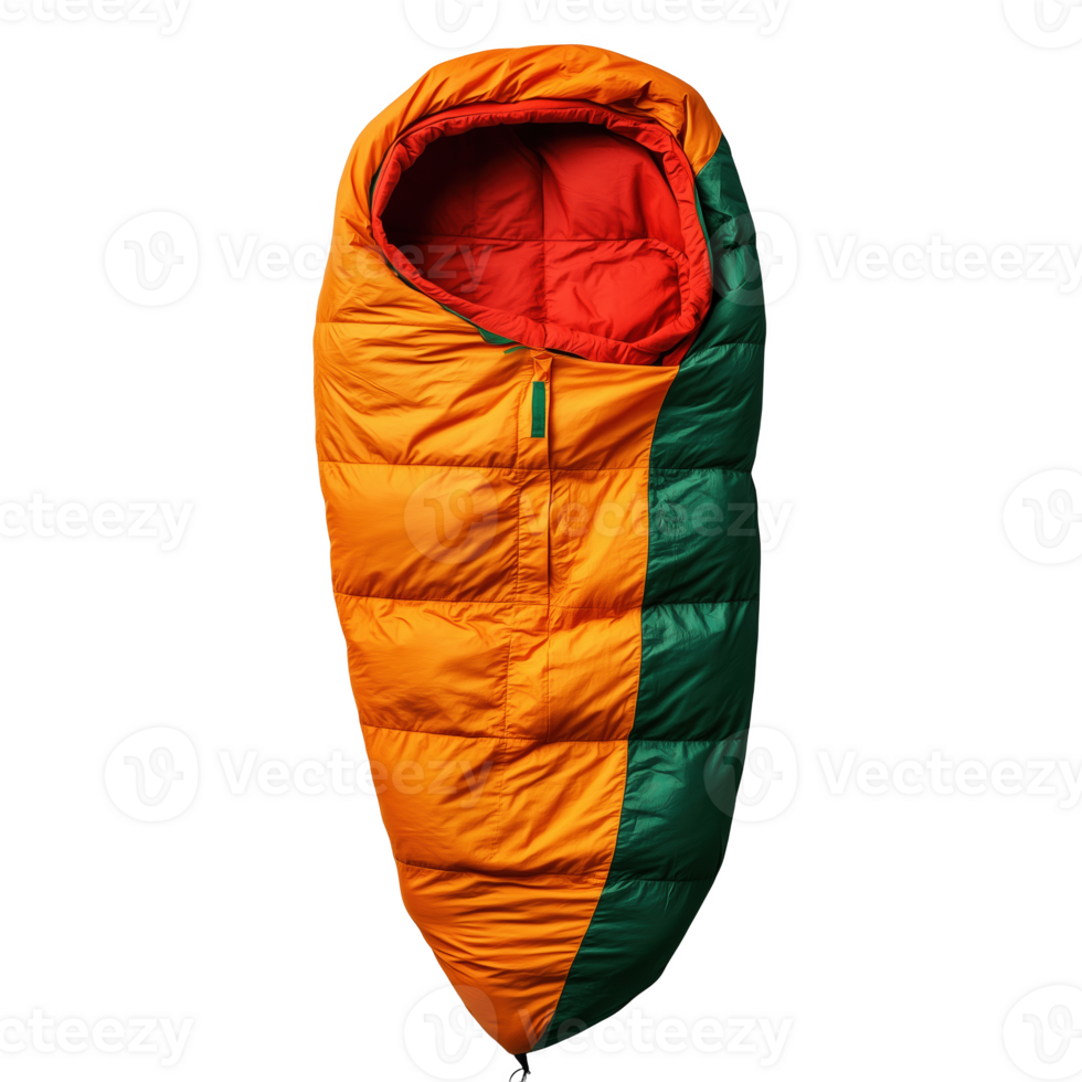 Cozy orange sleeping bag with green and red accents for outdoor camping adventures png