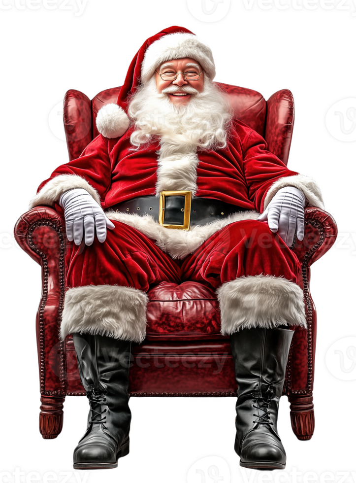 Santa Claus joyfully sitting in a red armchair during the festive season png