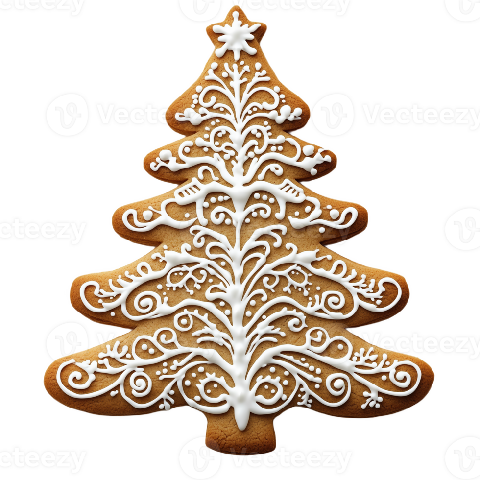 Decorative gingerbread Christmas tree with icing embellishments on a festive display png