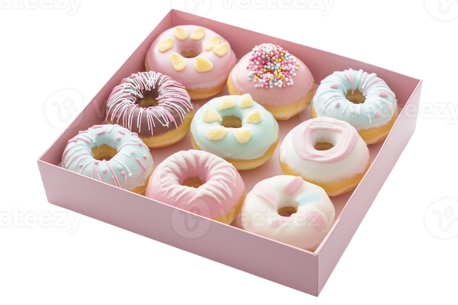 A delightful assortment of decorated doughnuts in a pink box for afternoon treats png