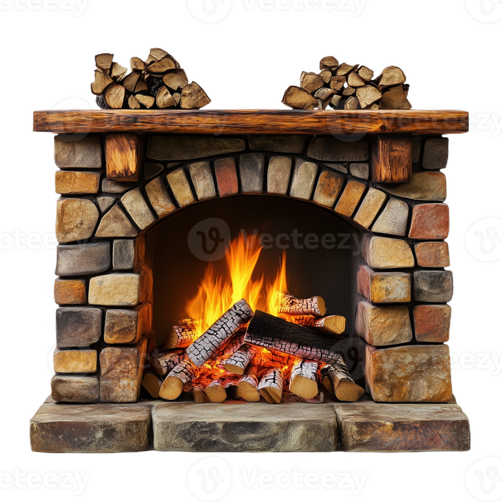 Warm and inviting stone fireplace with burning firewood in a cozy setting png
