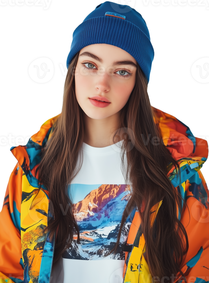 Young woman in colorful jacket and beanie poses against bright backdrop indoors png