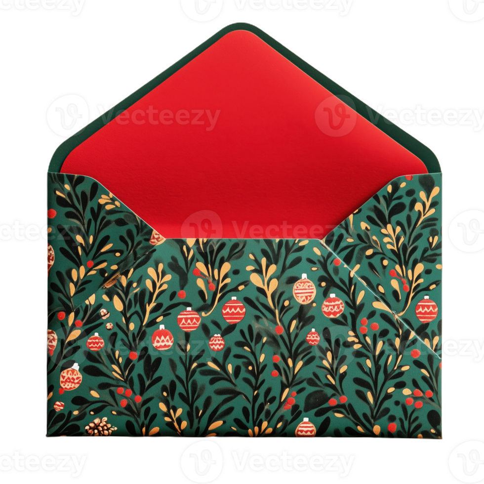Decorative square envelope featuring green Christmas design suitable for holiday greetings png