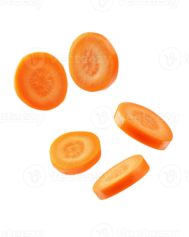 Flying carrot slices create a playful scene of healthy snacking in mid-air png