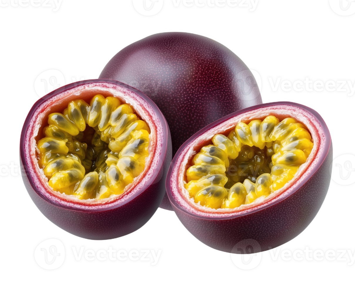 Vibrant purple passion fruits bursting with juicy yellow seeds png
