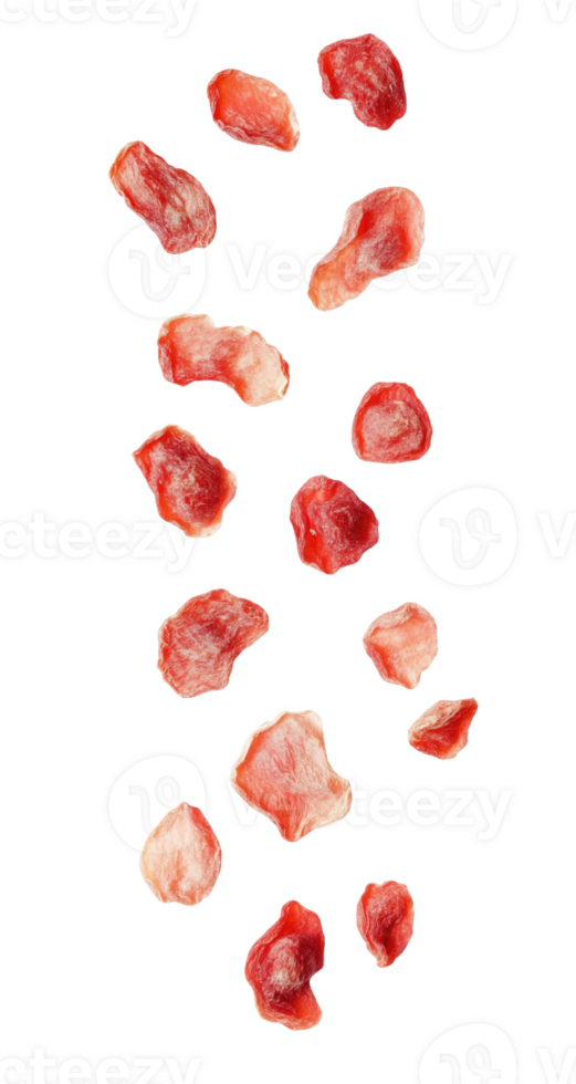 Dried strawberry pieces cascading gently in a whimsical downward motion png