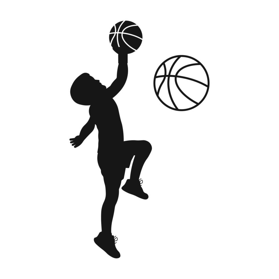 Basketball Playing Boy Silhouette Illustration. Kids holding basketball hand silhouette. vector