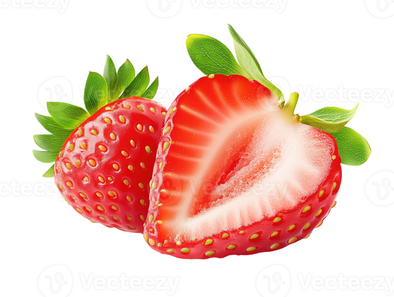 Vibrant strawberry cut in half to reveal juicy red interior and fresh green leaves png
