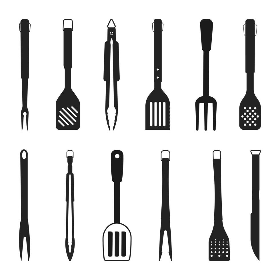 Barbecue fork Silhouette, grill tools icon on trendy design, Crossed barbeque fork with spatula. vector