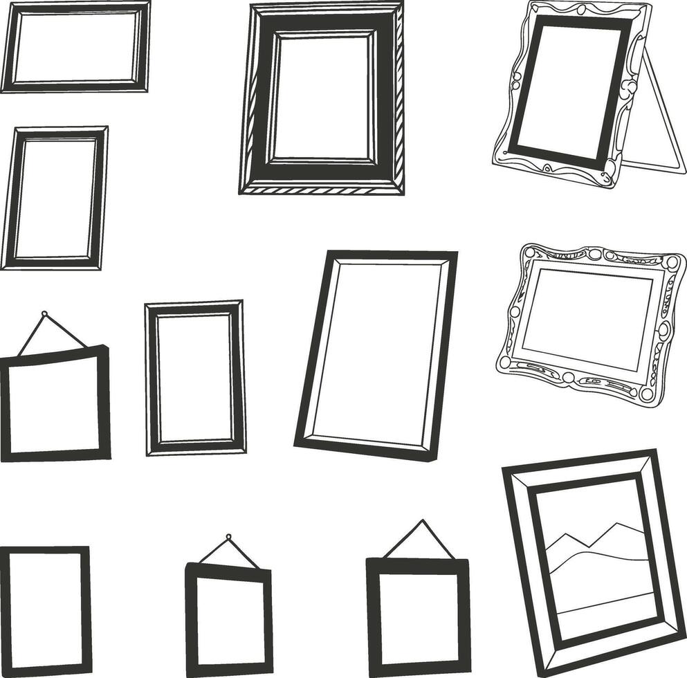 A set of different frames and frames hanging on a wall vector