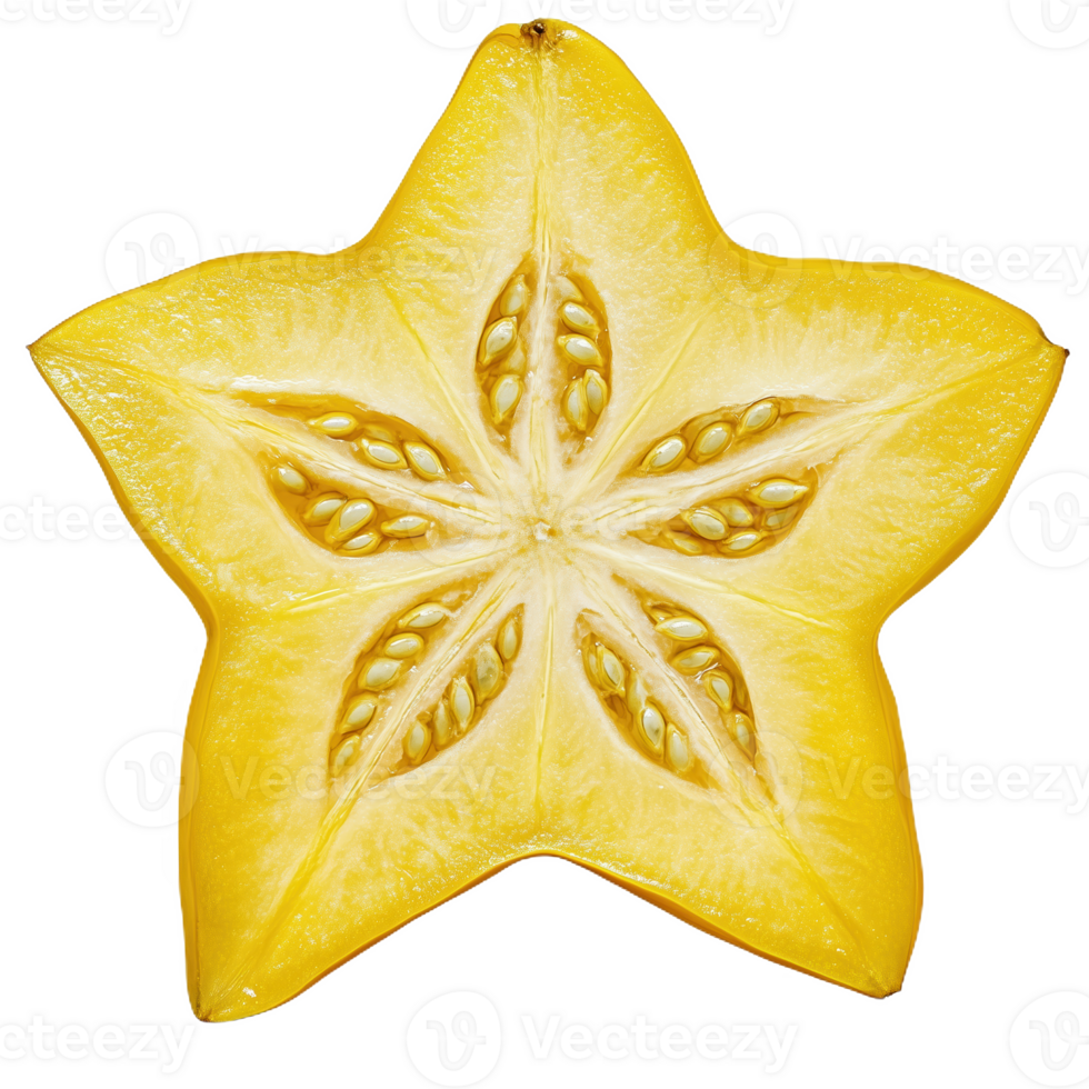A vibrant starfruit slice showcasing unique star-shaped interior design png