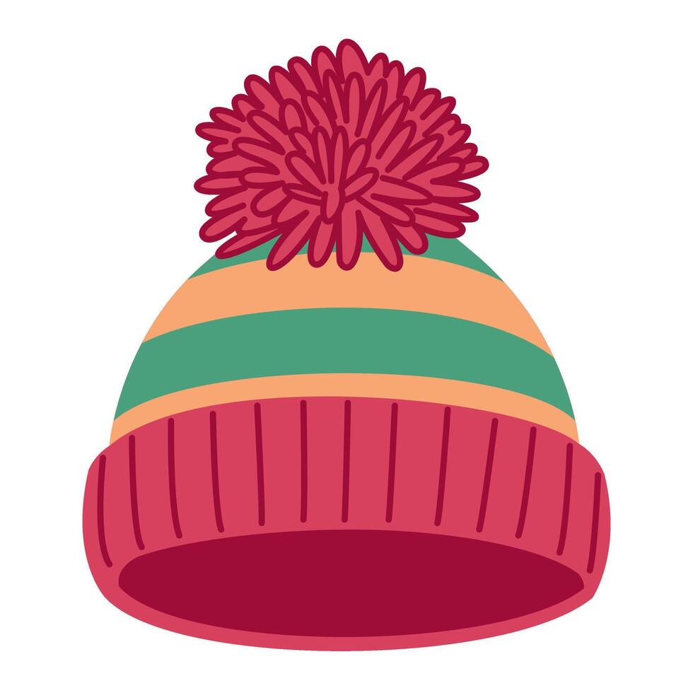 Knitted striped hat with pom-pom icons. Winter cloth thick woolen chunky yarn, Hand drawn flat style isolated. illustration vector