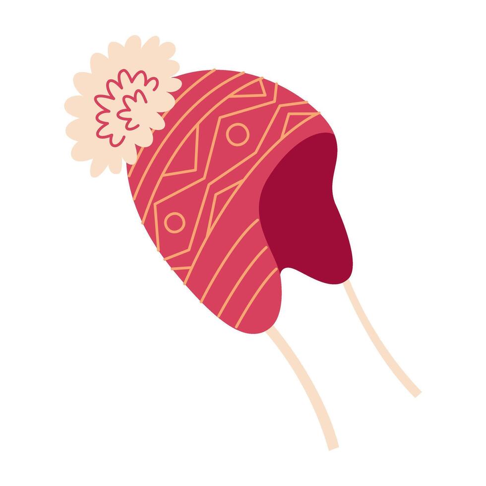 Knitted red winter hat with pompom icons. Winter cloth thick woolen chunky yarn, Hand drawn flat style isolated. illustration vector