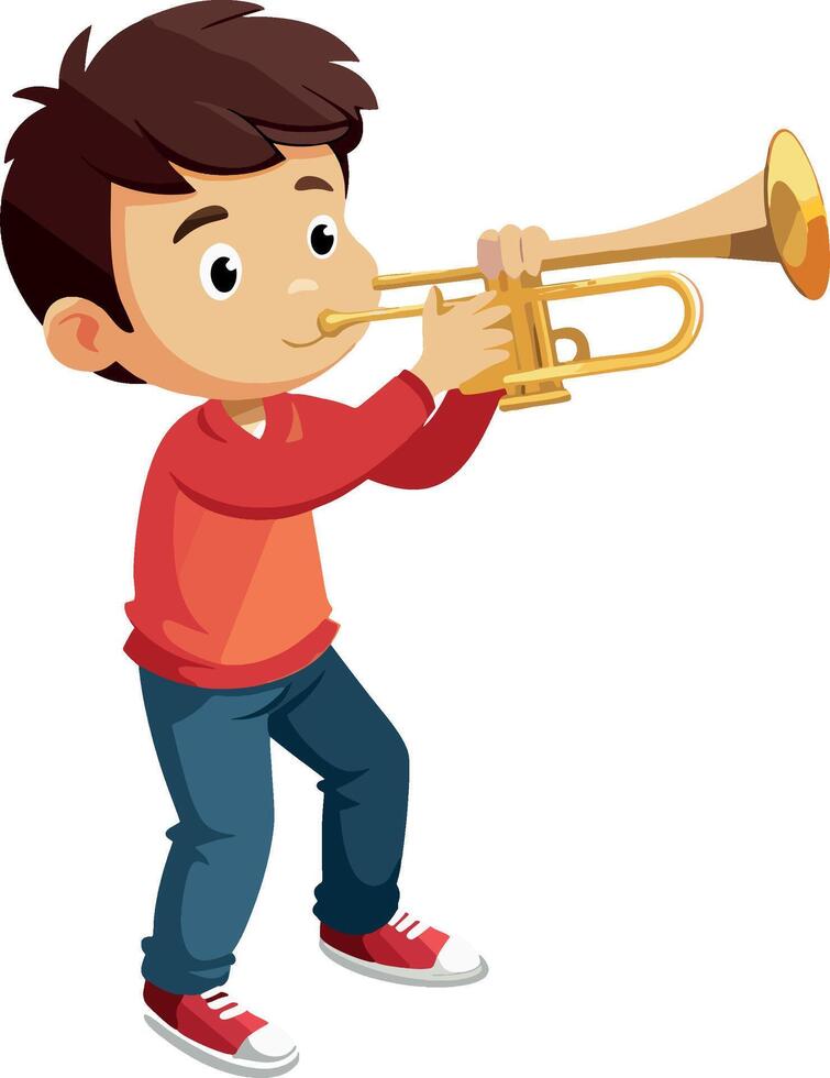 Young musician playing trumpet, cartoon illustration of a talented boy vector