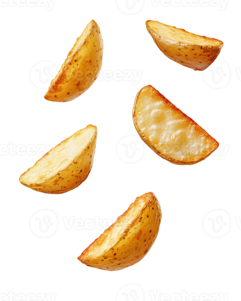 Flying slices of perfectly fried potatoes in an artistic culinary display png