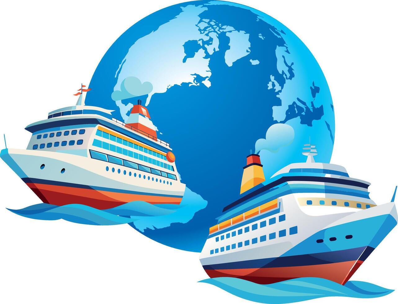 Two cruise ships navigating around the world, international travel concept vector