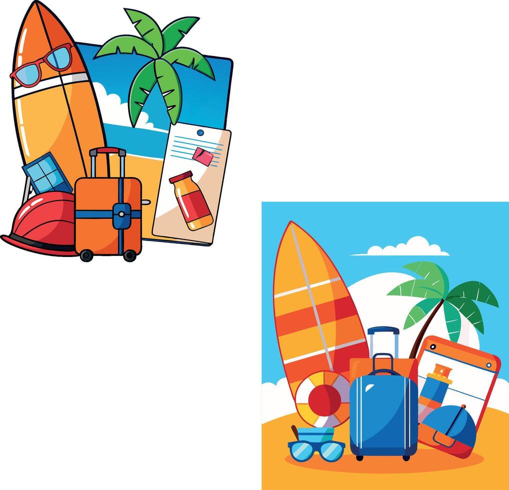 Surfing, travel and summer vacation items representing tourism and recreation vector