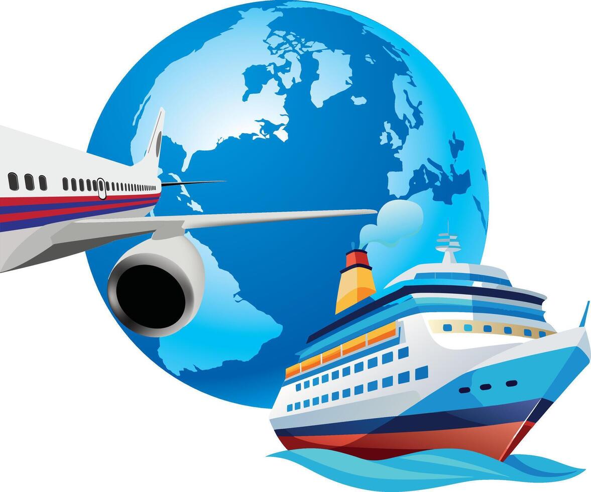 Airplane and cruise ship traveling around the world vector