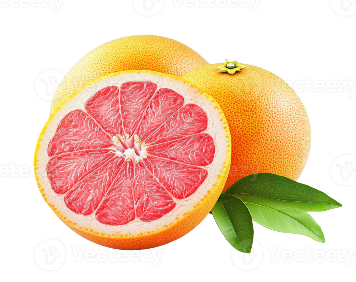 Vibrant grapefruit halves with fresh green leaves on a bright and clean backdrop png