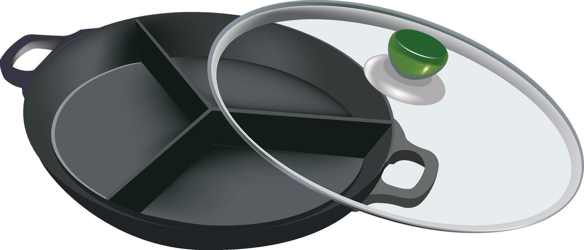 A black pan with a lid and a green lid vector