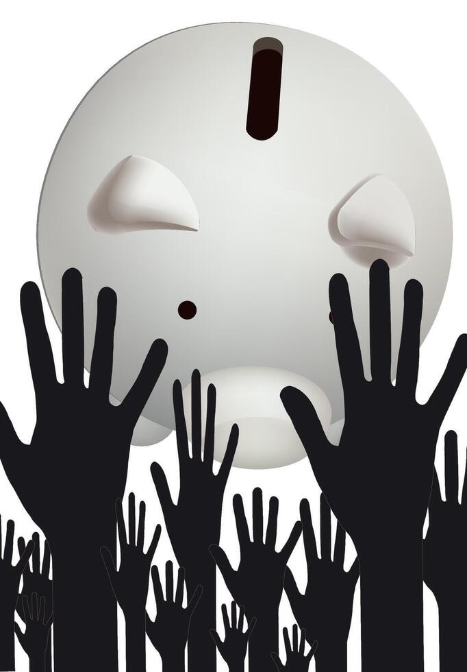 A white piggy bank with hands reaching up to it vector