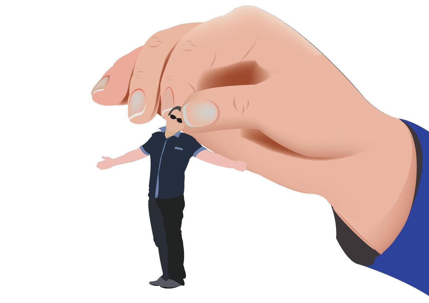 A hand holding a man in a blue shirt vector