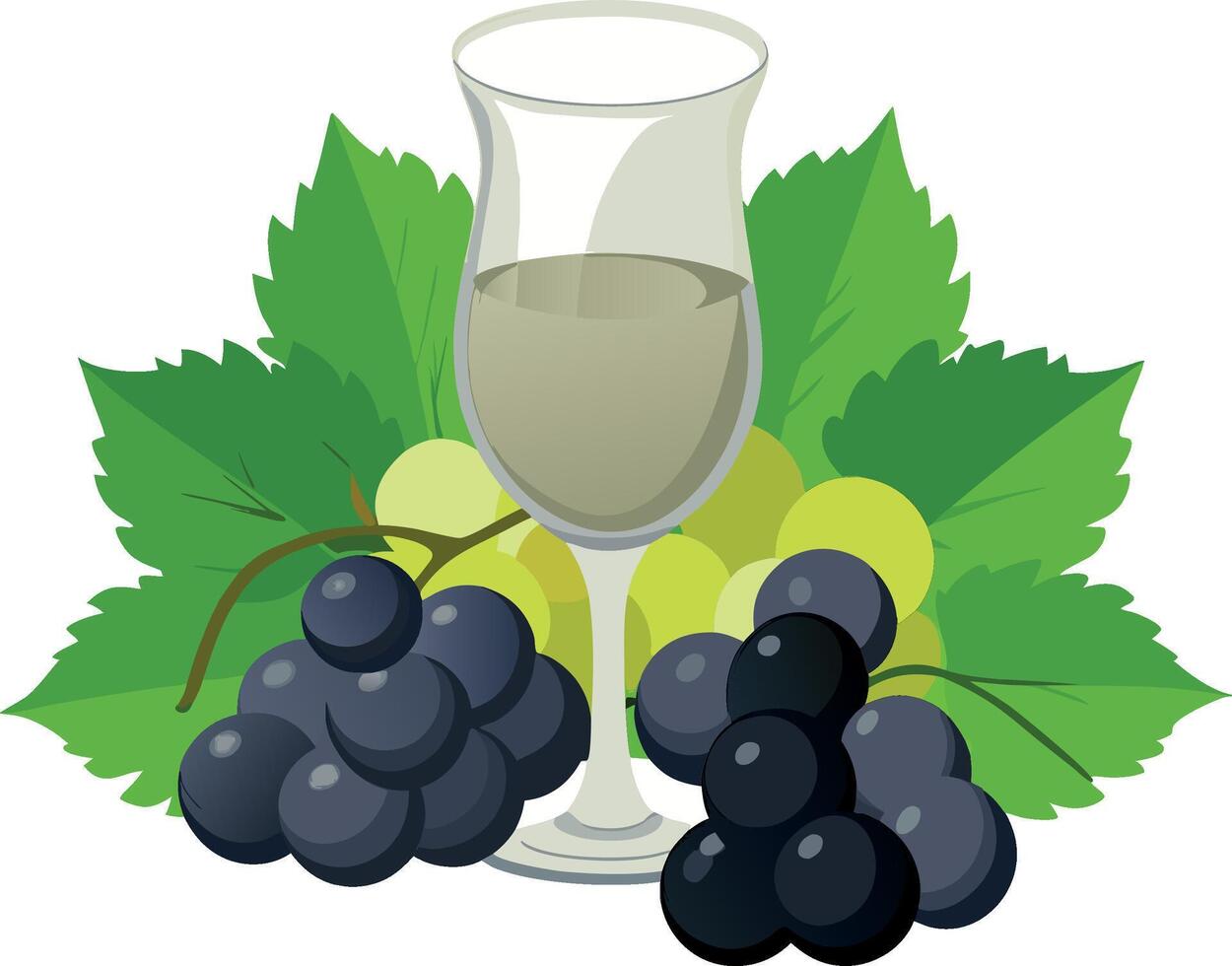 Glass of white wine surrounded by green leaves and grapes vector