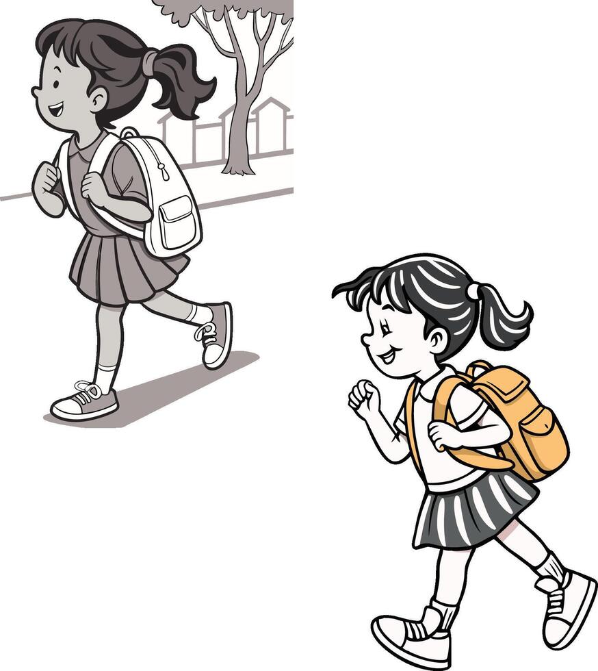 Elementary school student girl walking and smiling with backpack vector