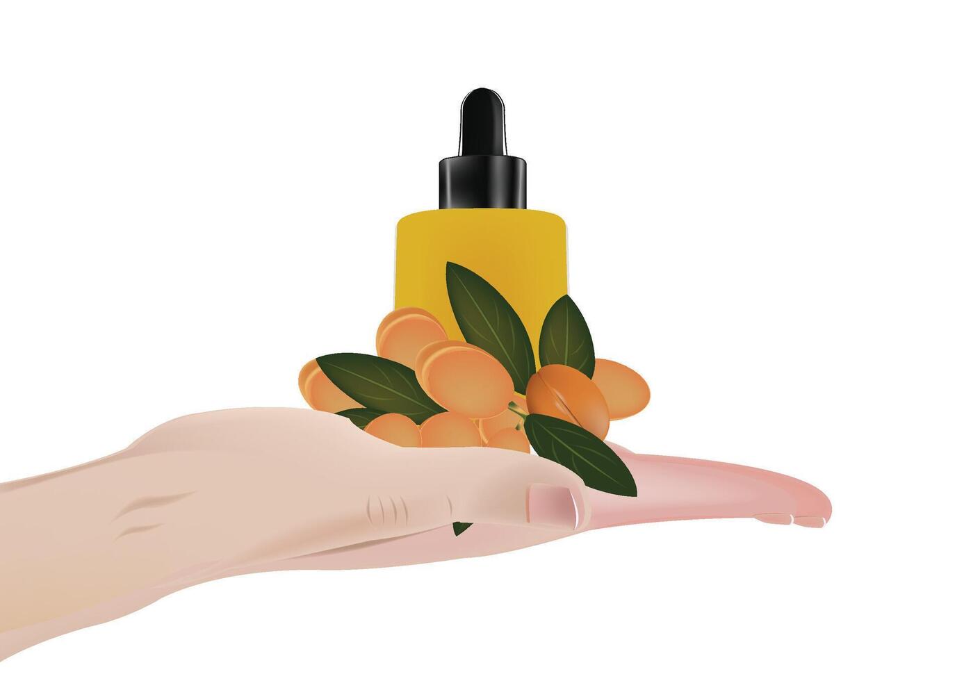 A hand holding an orange oil bottle with a leaf on it vector