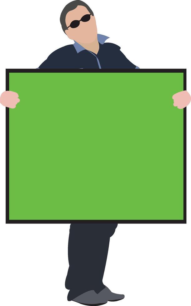 A man holding a green screen with a blank space for text vector