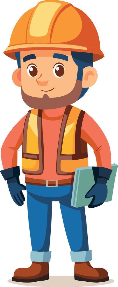 Construction worker holding a document and smiling, wearing safety gear vector
