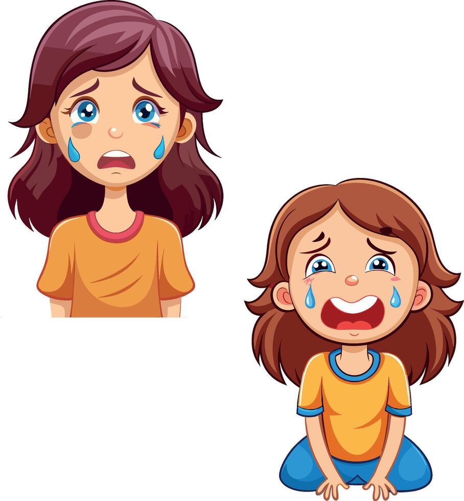 Sad little girl crying and sobbing showing different expressions vector