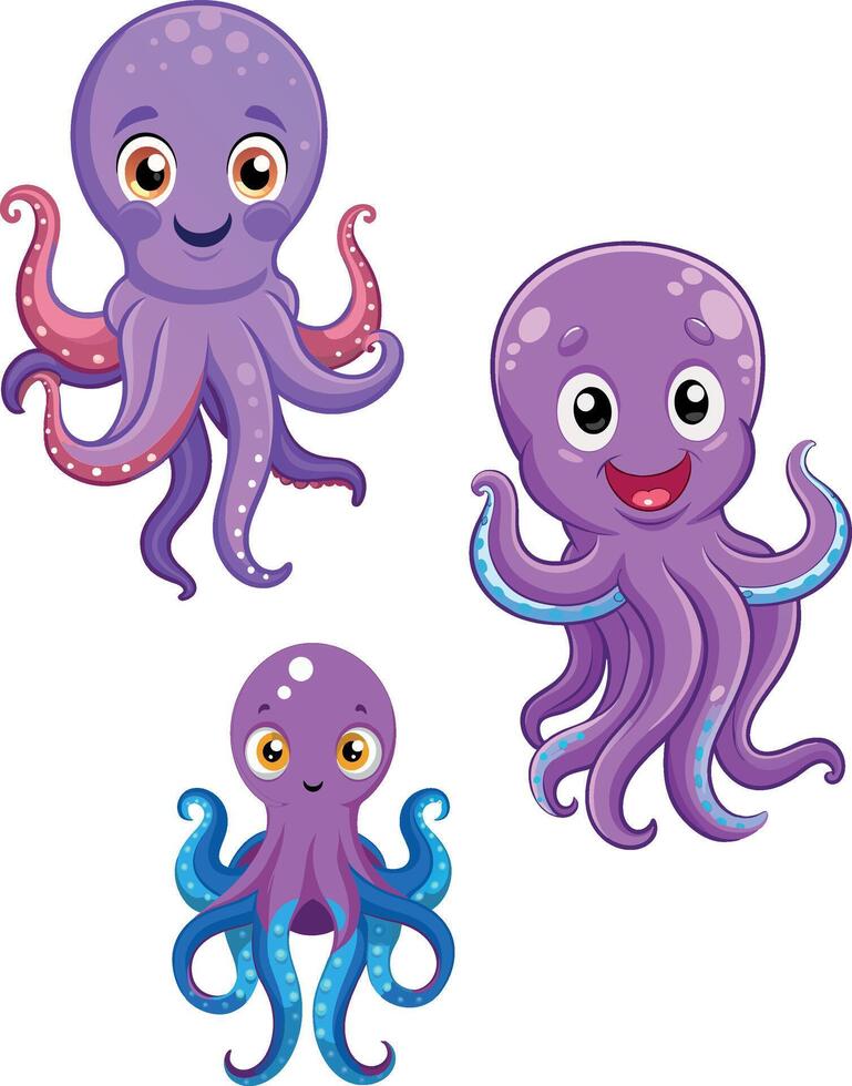 Three cute cartoon octopuses smiling and showing tentacles vector