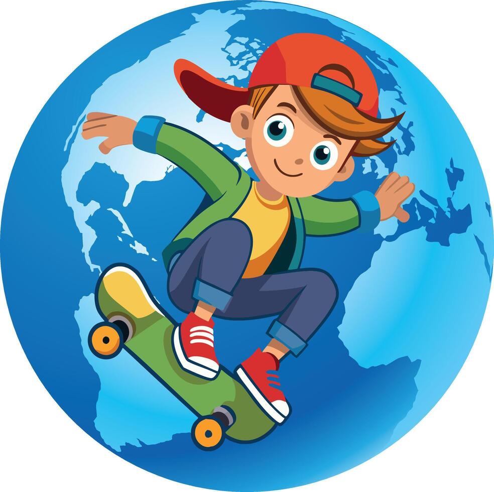 Young boy skateboarding around the world, embracing global adventure and freedom vector