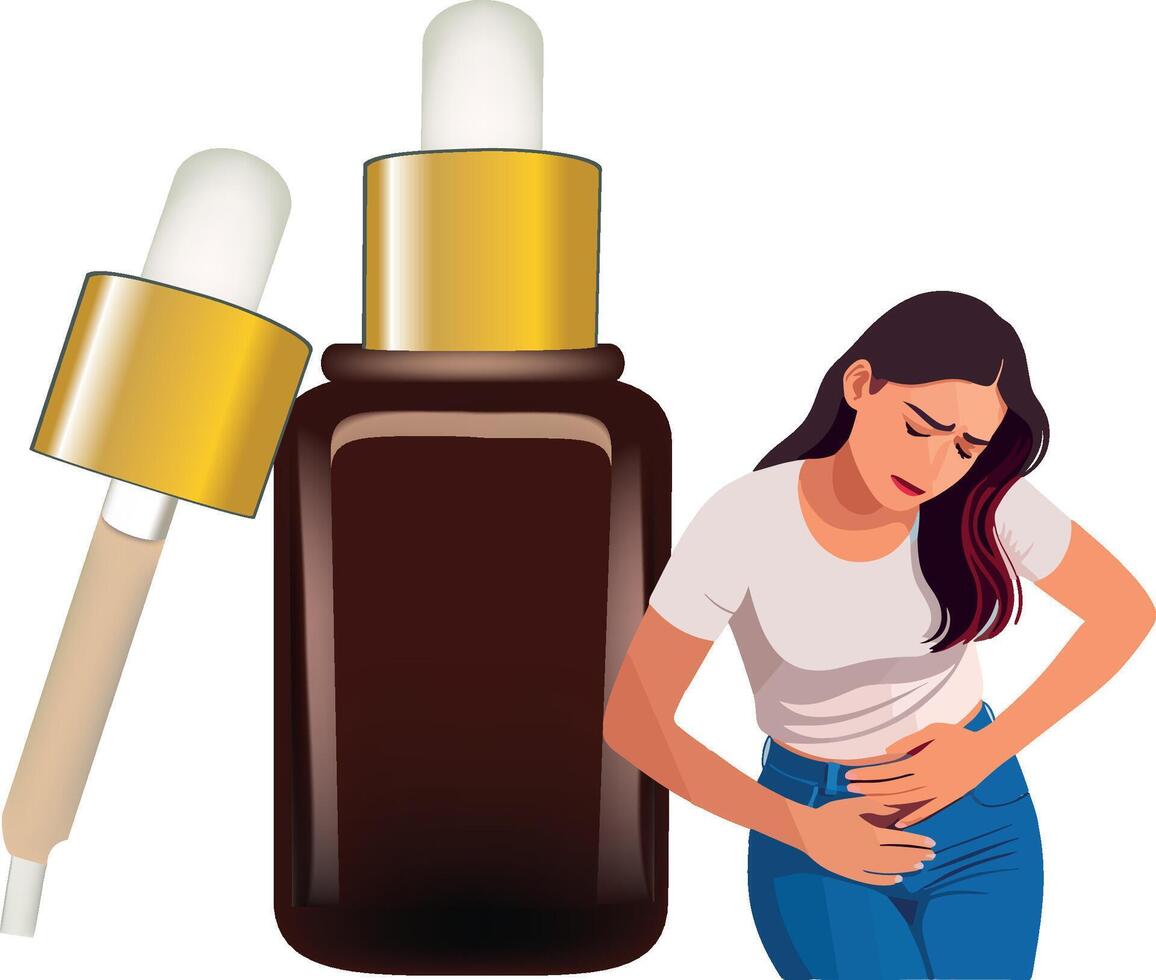Woman suffering abdominal pain with medical dropper bottle vector