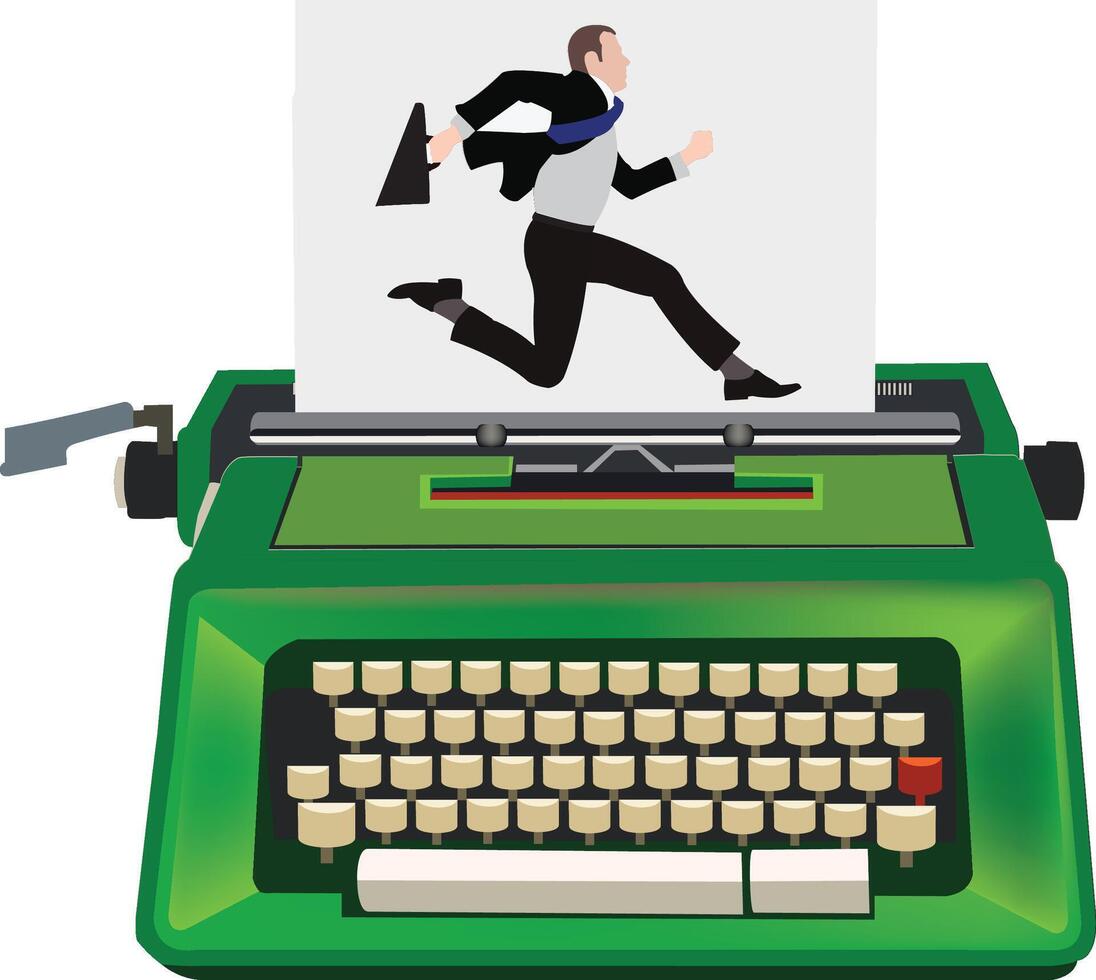 A man running on a typewriter with a paper vector
