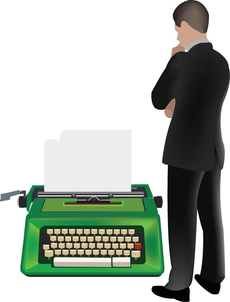 A man in a suit standing next to an old typewriter vector