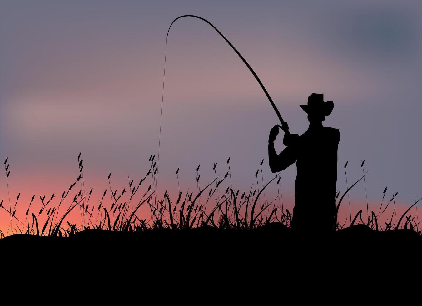 Silhouette of a man fishing at sunset vector