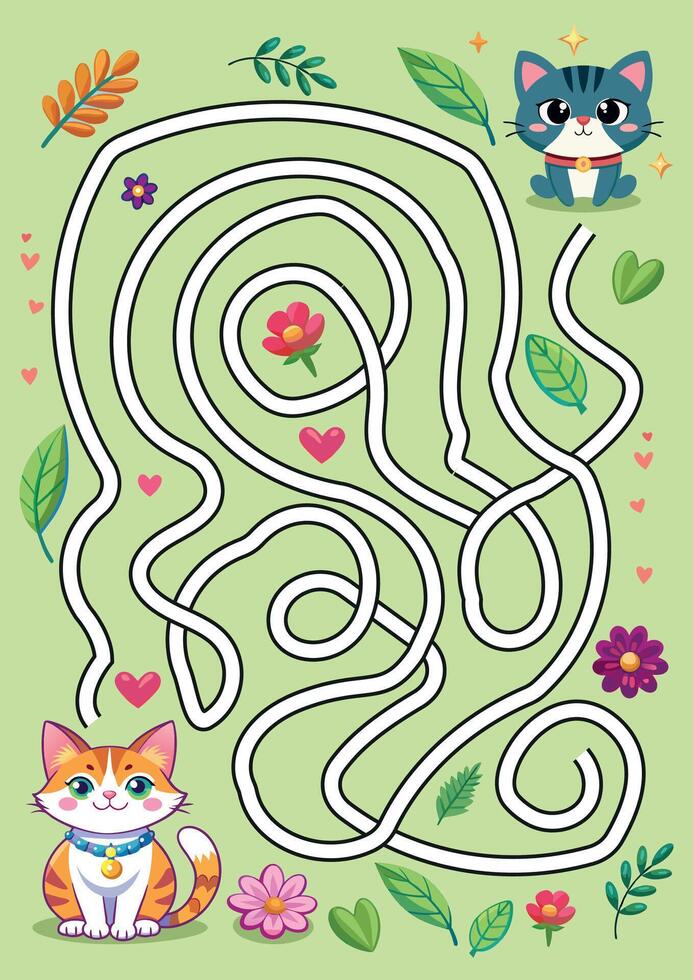 A cartoon cat and kitten maze game with flowers and leaves vector