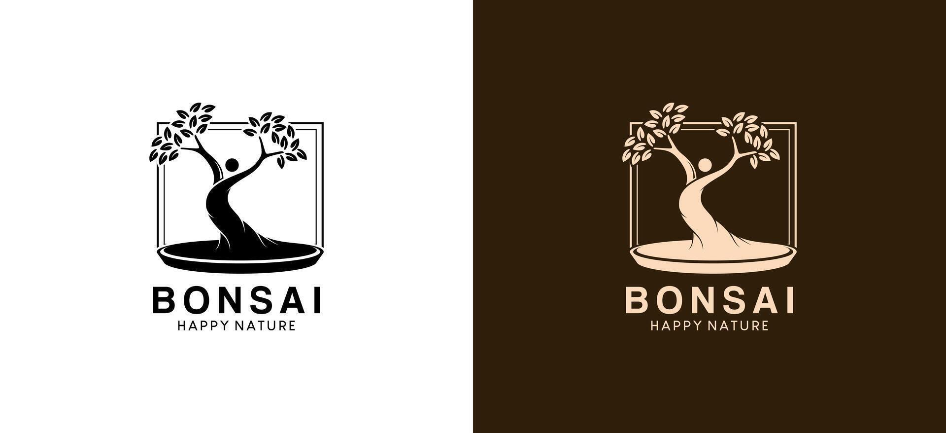 Unique and beautiful natural bonsai tree logo design, modern art tree silhouette vector