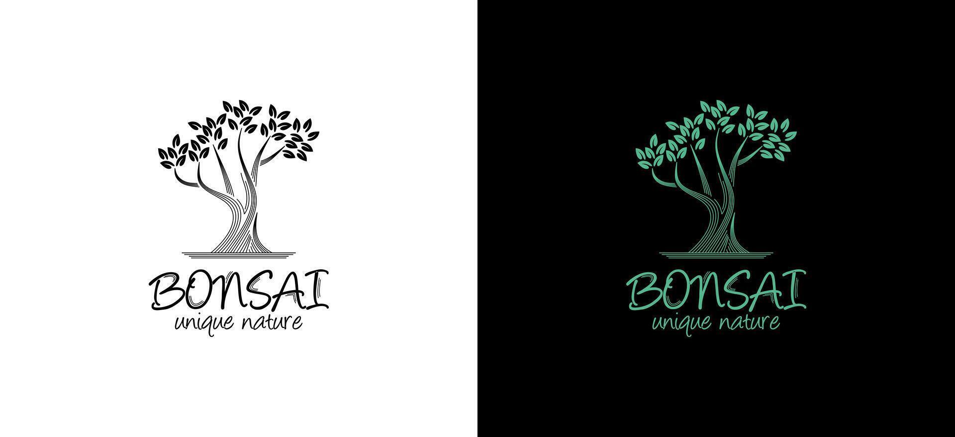 Unique and beautiful natural bonsai tree logo design, line art tree silhouette vector