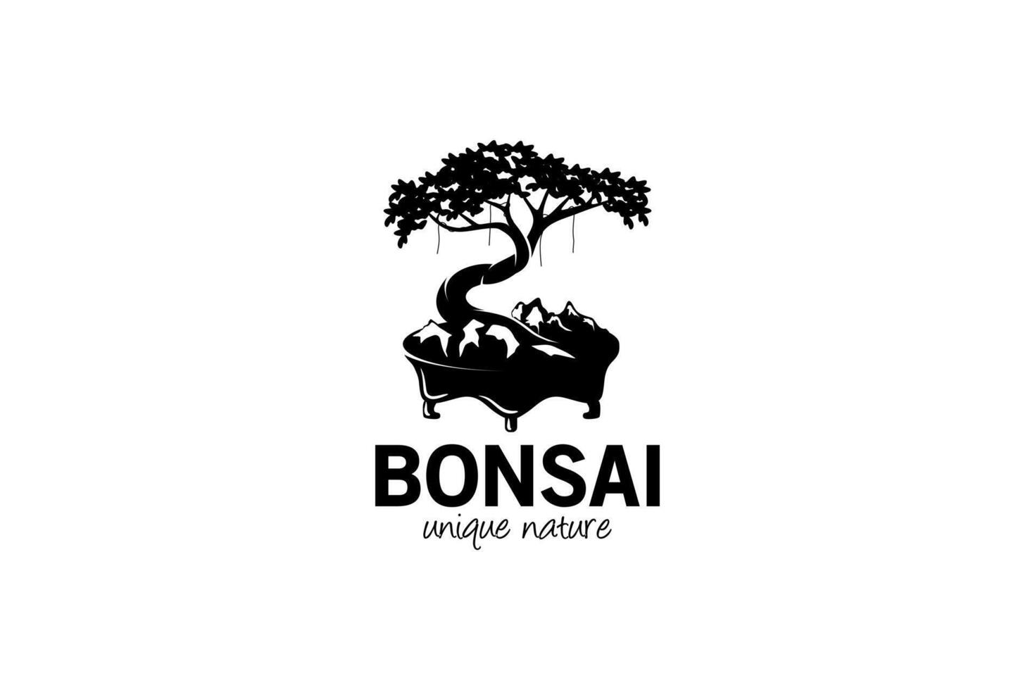 Unique natural bonsai tree logo design, abstract art tree silhouette vector