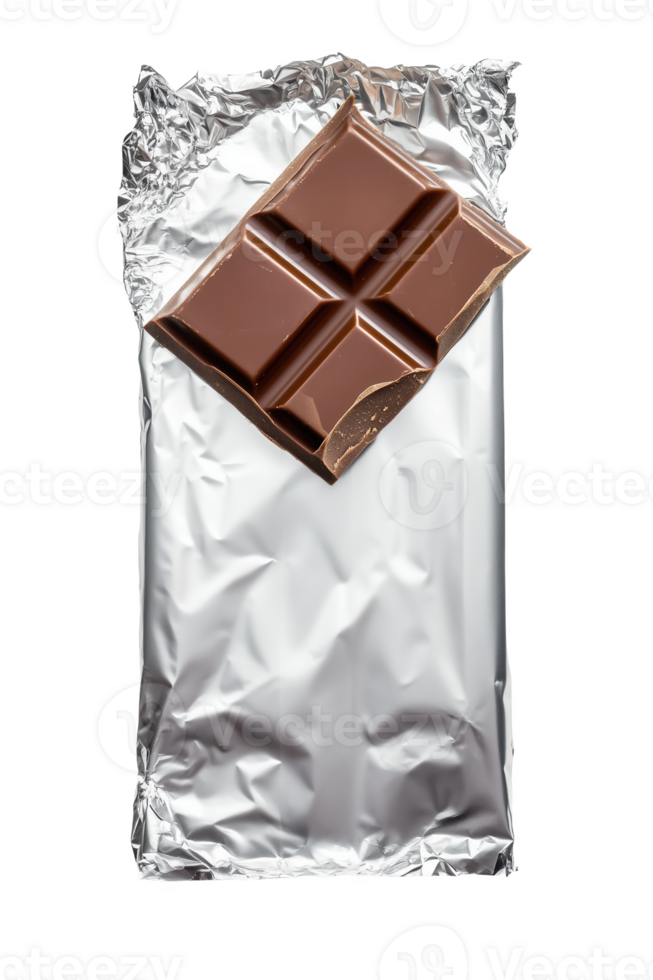 An exquisite bar of chocolate wrapped in shiny silver foil with one piece revealed png