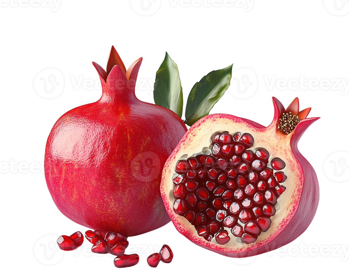 Vibrant red pomegranates showcase juicy seeds and lush green leaves in sunlight png