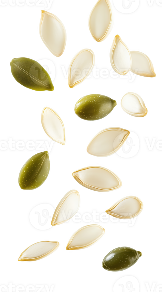 A creative arrangement of pumpkin and green olive seeds on a clean background png