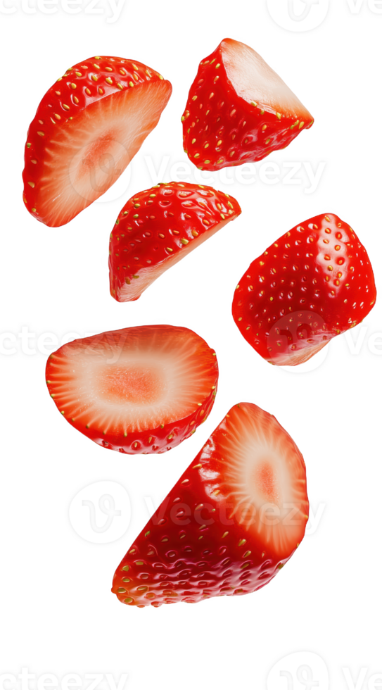 Floating strawberry slices captured in mid-air against a soft pastel background png