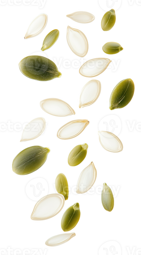 Floating pumpkin seeds and green seeds create a captivating display of nature's bounty png