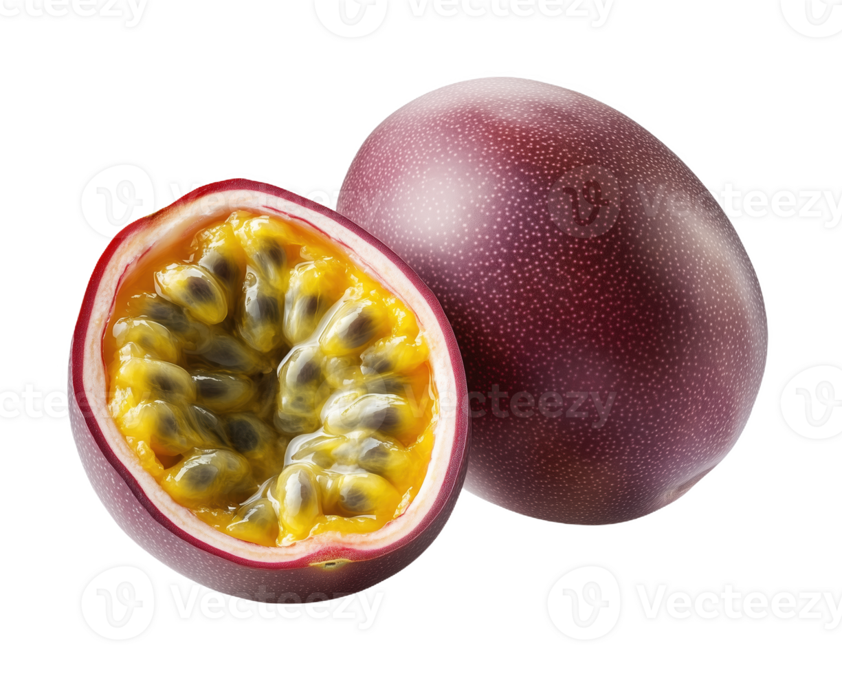 Deliciously vibrant passion fruits, one sliced open revealing juicy seeds and pulp png