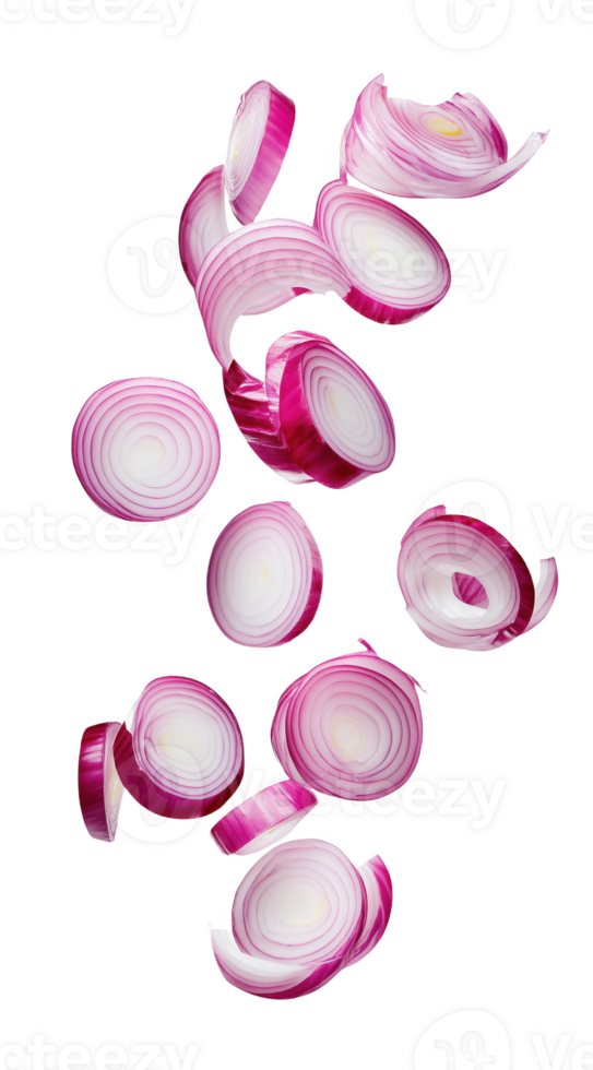 Sliced red onions gracefully suspended in mid-air against a light background png